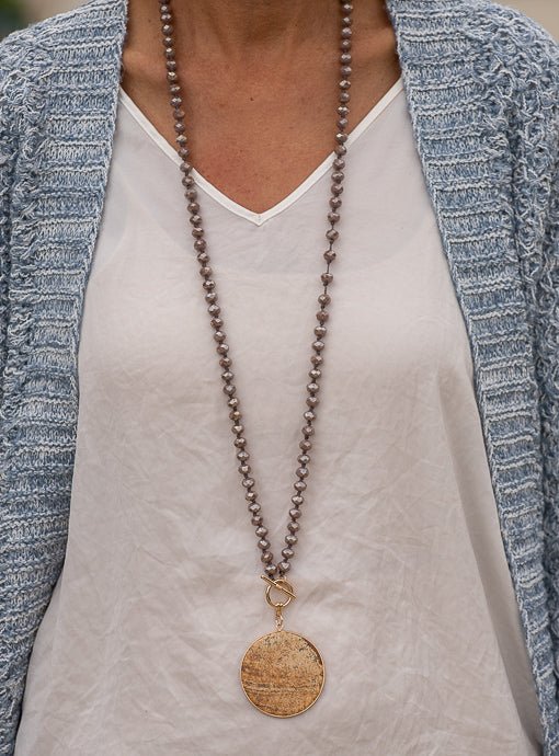 Taupe Iridescent Bead Necklace With Marbleized Pendant - Just Style LA
