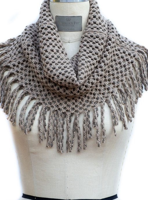 Taupe Open Weave Tube Scarf With Fringe - Just Style LA