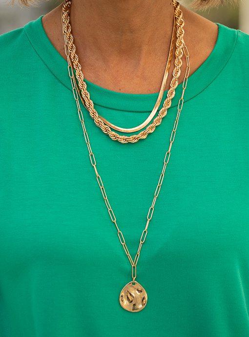 Three Layer Gold Tone Chain Necklace With Pendant - Just Style LA