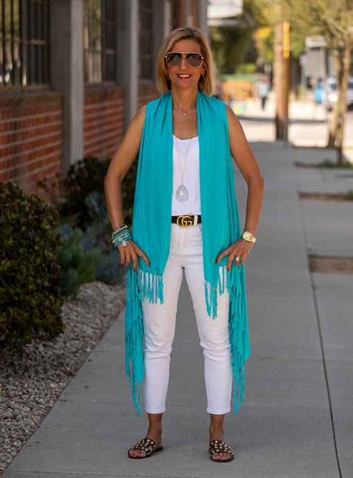 Turquoise Shawl Vest With Fringe - Just Style LA