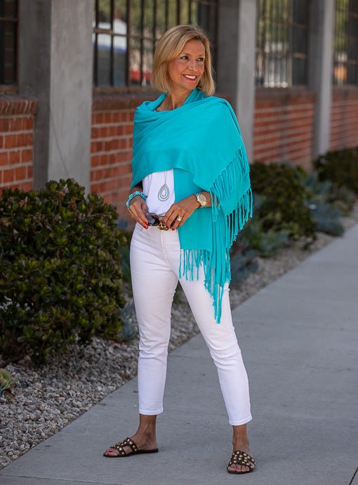 Turquoise Shawl Vest With Fringe - Just Style LA