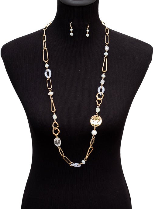 White Bead And Gold Chain Link Necklace And Earring Set - Just Style LA