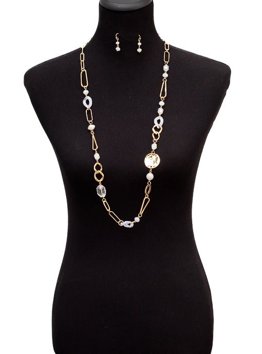 White Bead And Gold Chain Link Necklace And Earring Set – Just