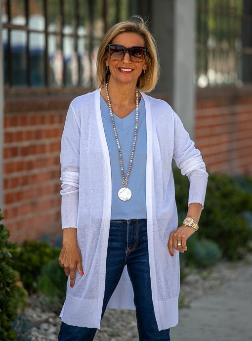 White Lightweight Open Front Long Cardigan - Main Image