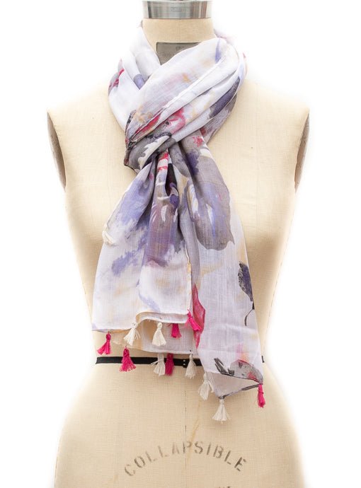 White Sheer Multi Color Floral Print Scarf Shawl with Tassels - Just Style LA