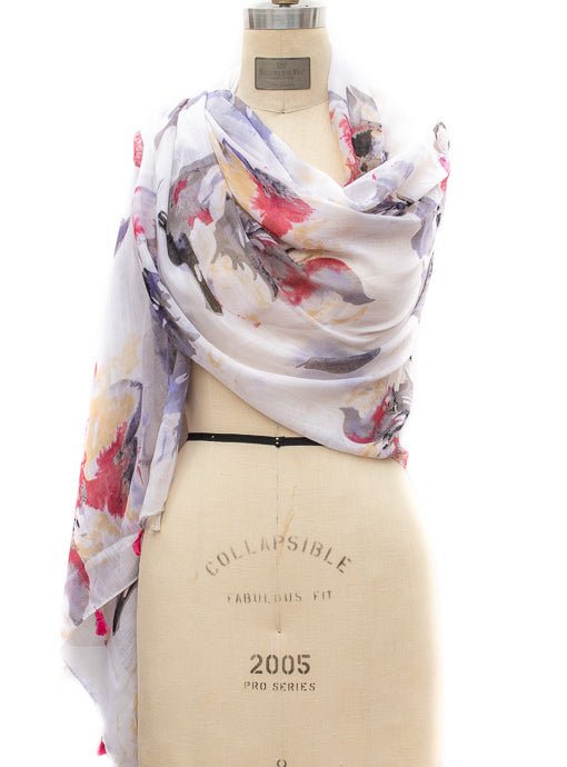 White Sheer Multi Color Floral Print Scarf Shawl with Tassels - Just Style LA