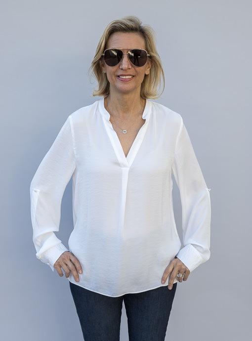 White Stand Collar Long Sleeve Blouse - Just Style LA