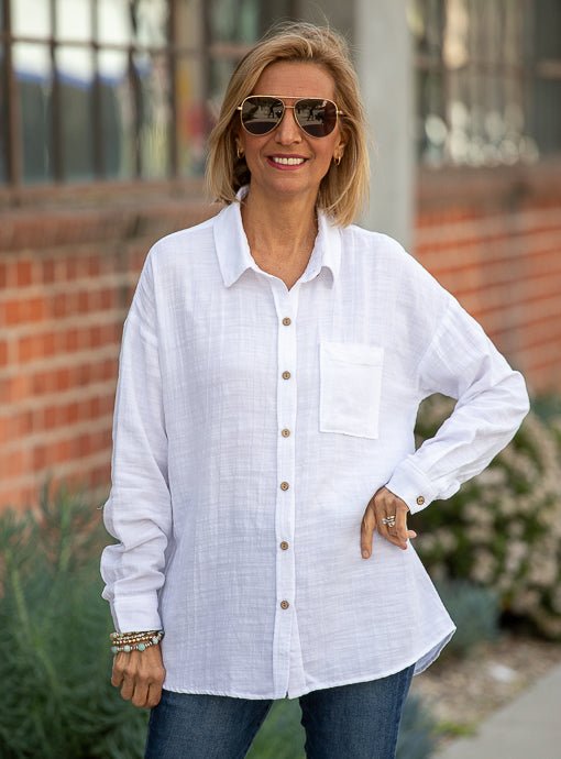 White Textured Fabric Long Sleeve Shirt - Just Style LA